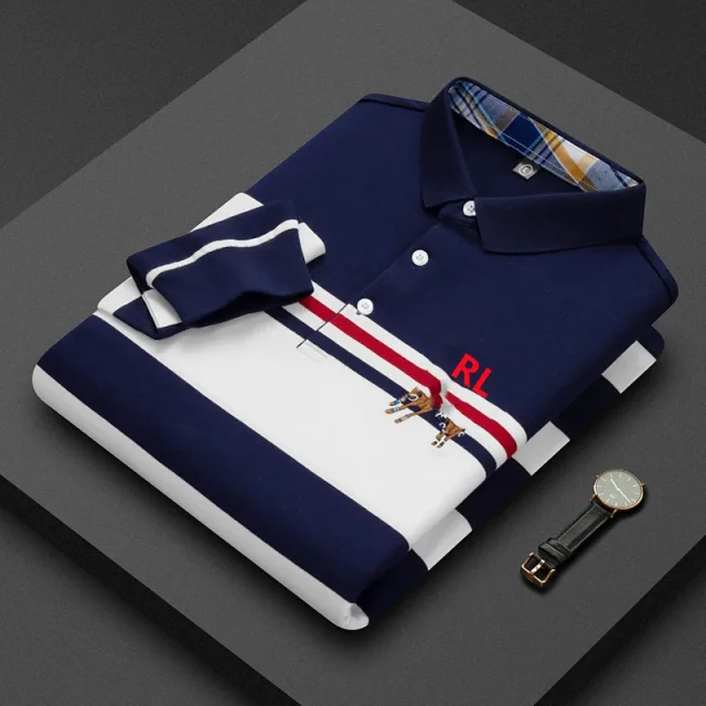 Men’s Striped Long Sleeve Polo Shirt – 100% Cotton