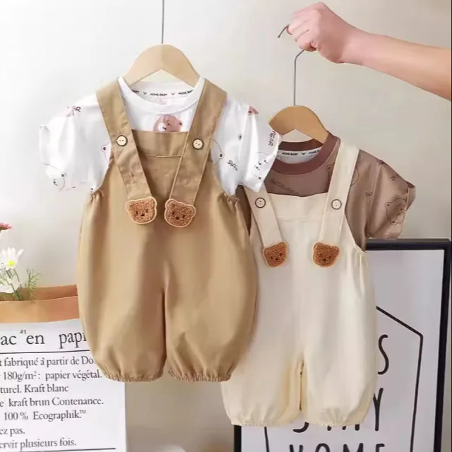 Summer Casual Thin Sleeve Cartoon Pattern Top and Overall Child Outfit