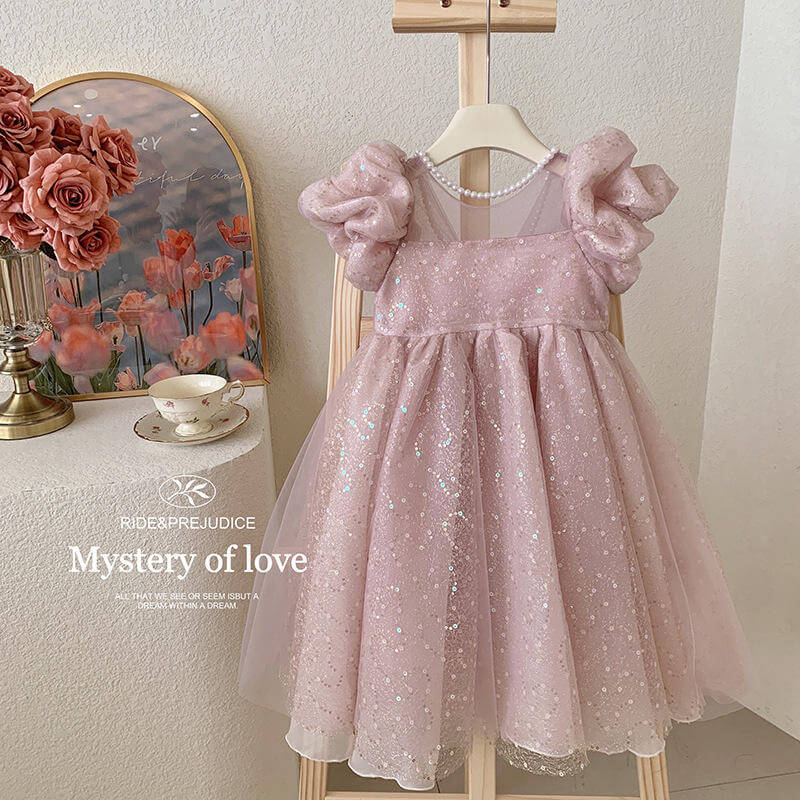 Girls' Summer Children's Vintage Layered Dress Solid O-Neck Knee-Length